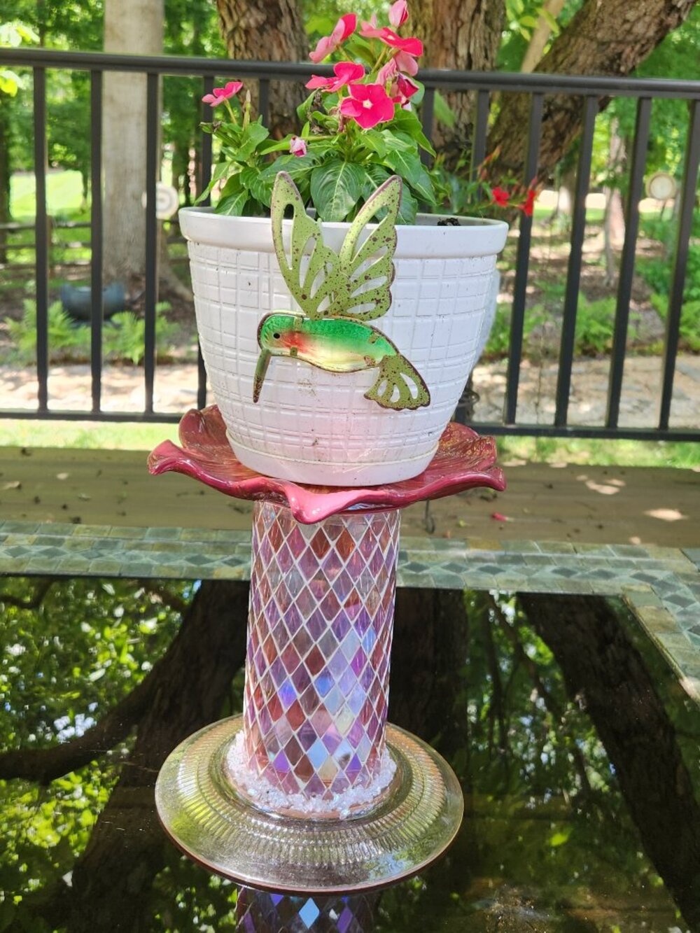 Upcycled Pink Mosaic Plant Stand Crushed Glass Accent